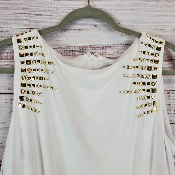 Cache White Ruched Shapely Mini Dress Size 12 Gold Geometric Studs Drape Fit NWT - Picture 3 of 14